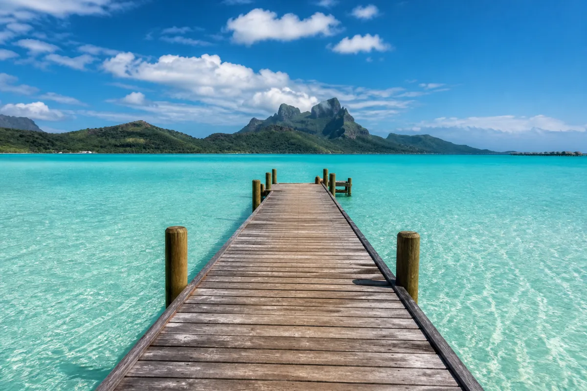 Lagon turquoise de Polynésie vu depuis un ponton en bois, montagnes volcaniques à l&rsquo;horizon