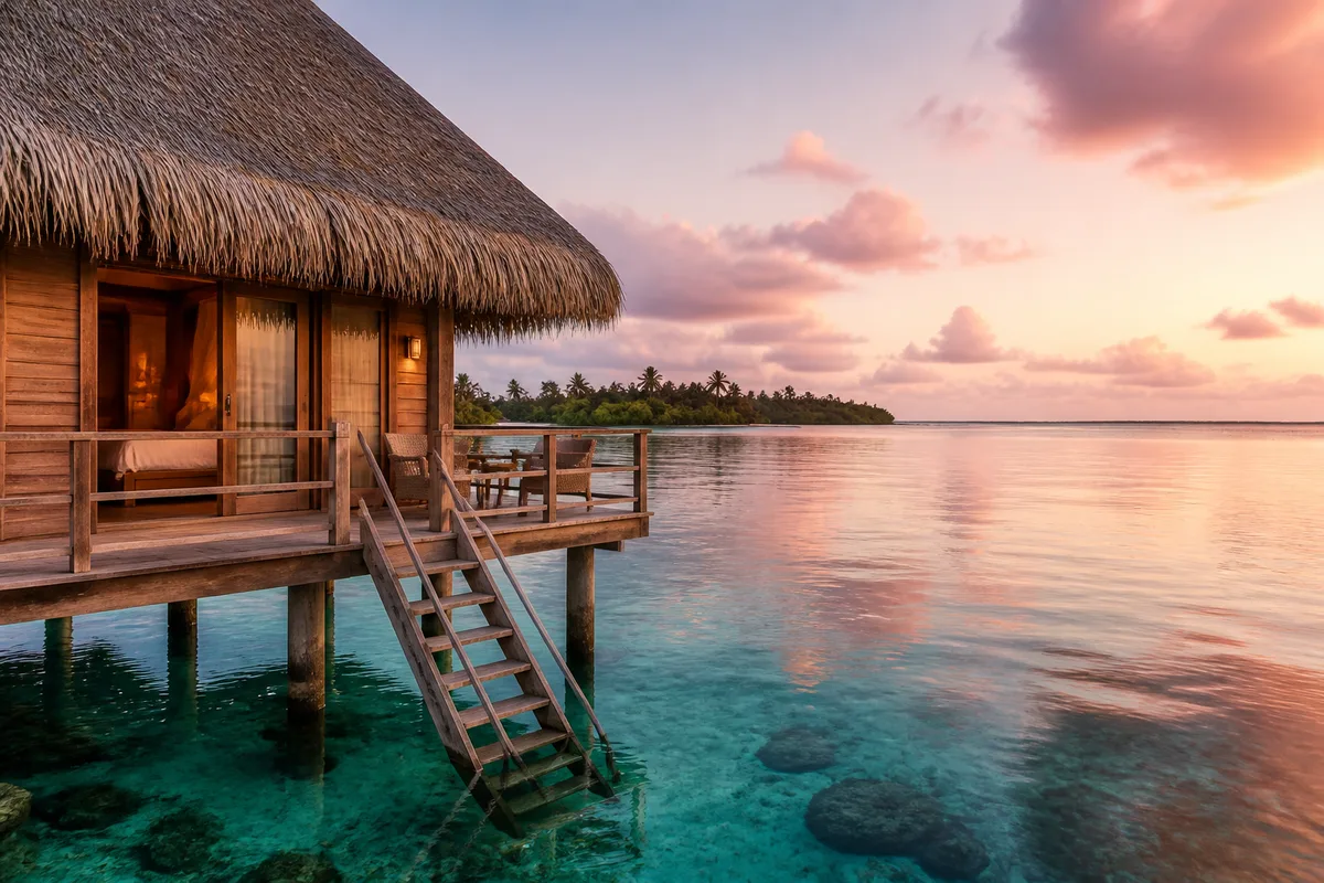 Bungalow sur pilotis en bois et toit de palmes au bord d&rsquo;un lagon calme au lever du jour