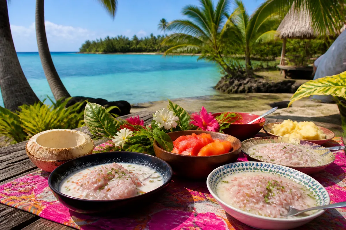 Table d&rsquo;hôtes en bord de lagon avec poisson cru au lait de coco et fruits tropicaux