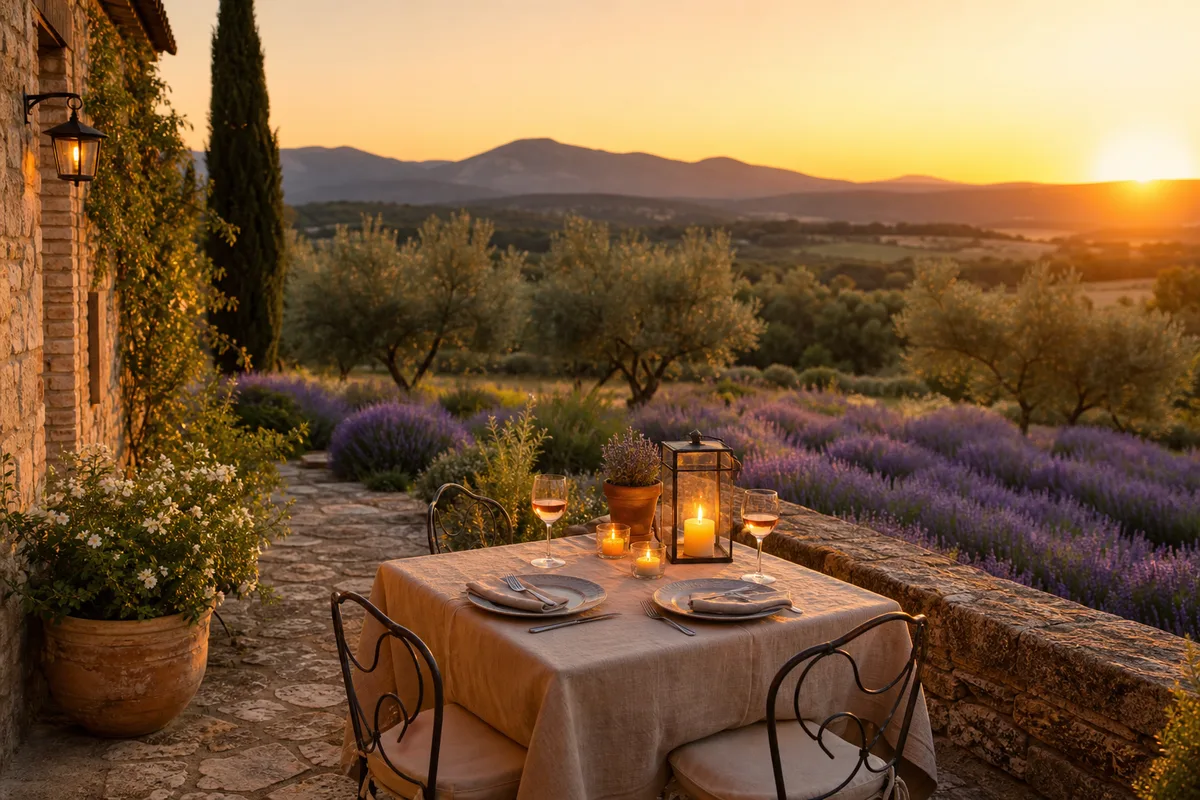 Terrasse d&rsquo;un hôtel de charme provençal au coucher du soleil, table dressée pour deux entre lavande et oliviers