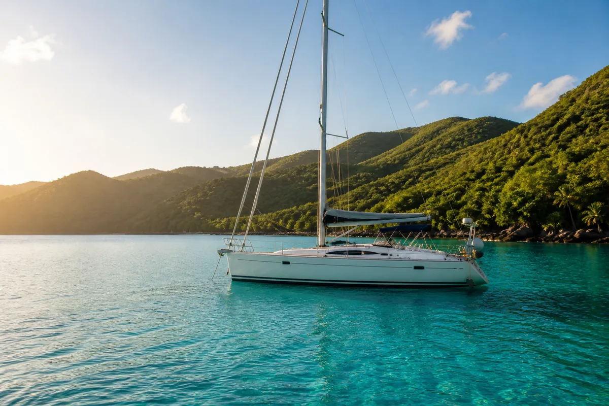 Voilier au mouillage dans une baie tropicale des Antilles, collines vertes et eau turquoise