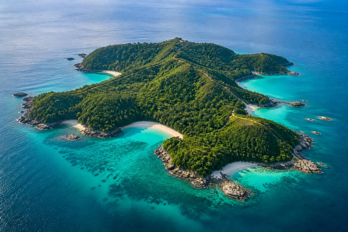 Vue aérienne d&rsquo;une petite île tropicale boisée entourée d&rsquo;eau turquoise, criques et sentiers