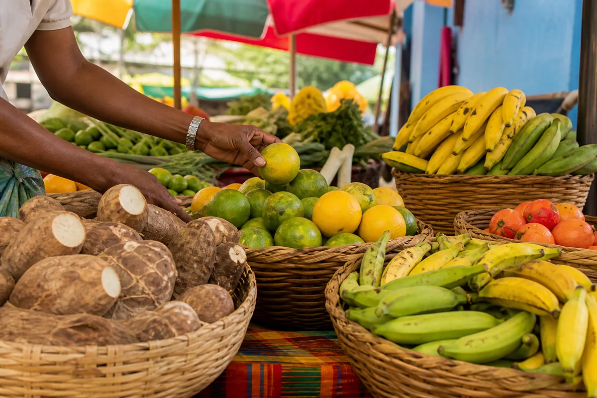 Marché tropical coloré avec étals de fruits et légumes locaux sous des parasols