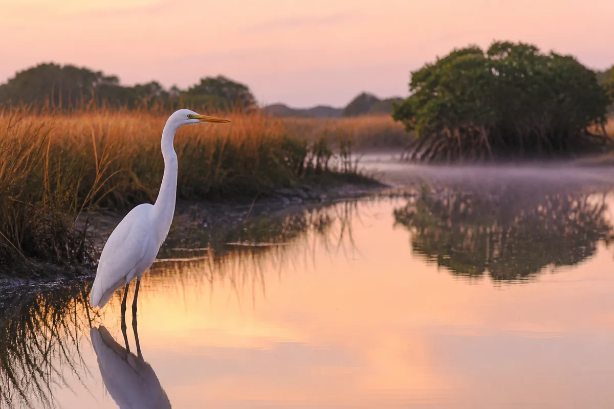 Marais subtropical à l’aube, hautes herbes dorées, oiseau échassier blanc au premier plan et eau miroir