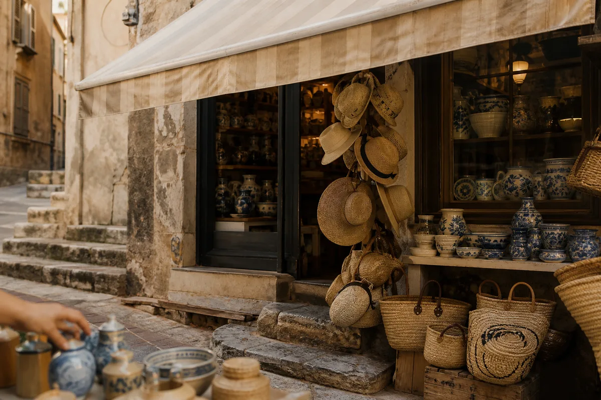 Vitrine de boutique de souvenirs et terrasse de café sur une place ancienne