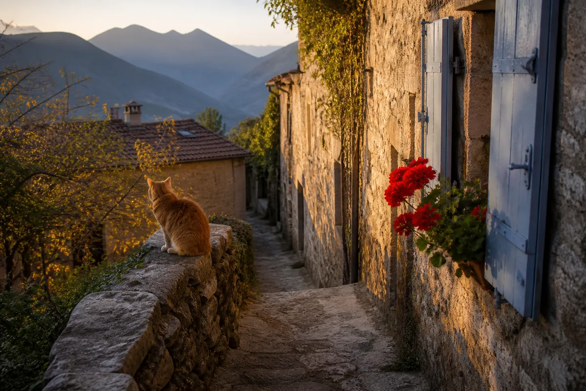 Village perché aux volets entrouverts et à la ruelle calme en fin de saison