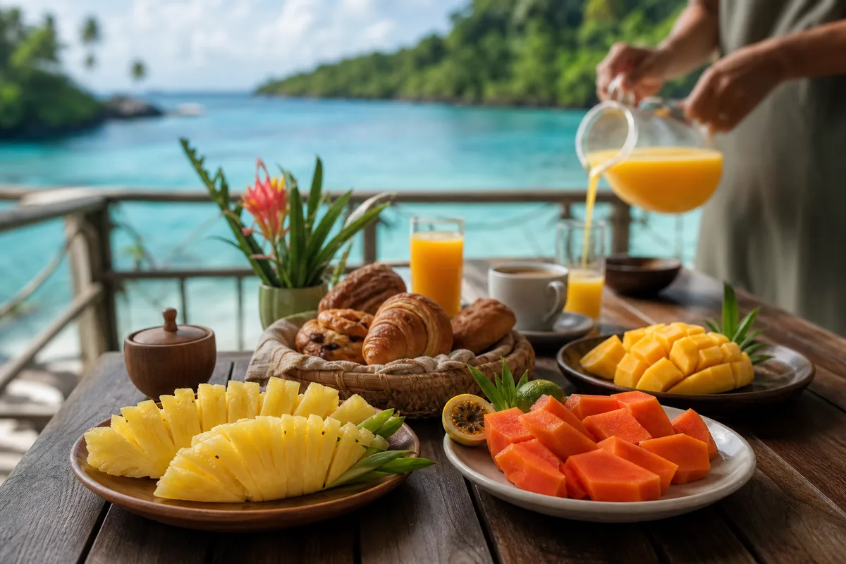 Table de petit-déjeuner tropical face au lagon, fruits frais et jus servis sur une terrasse en bois
