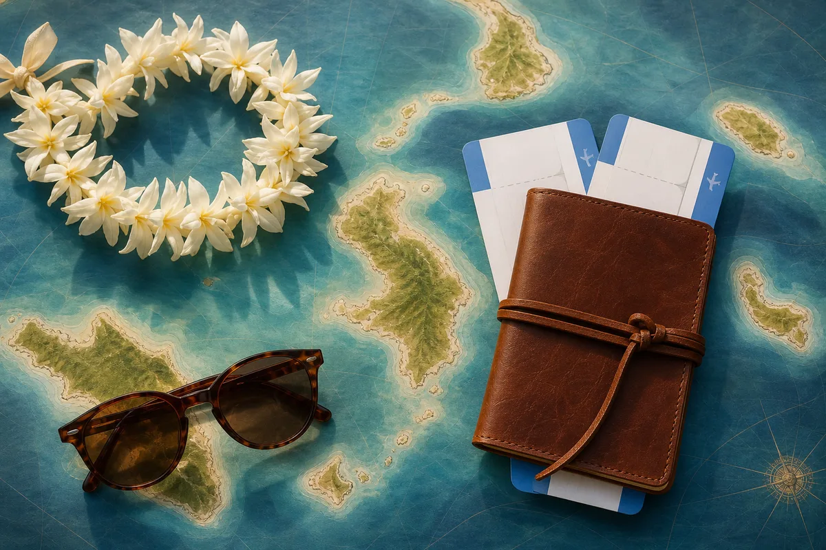 Cartes d&rsquo;embarquement et carnet de voyage posés sur une carte des îles polynésiennes avec un collier de fleurs de tiaré