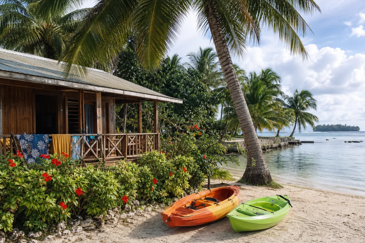 Bungalow en bois d&rsquo;une pension de famille polynésienne entouré d&rsquo;hibiscus, kayaks posés sur le sable au bord du lagon